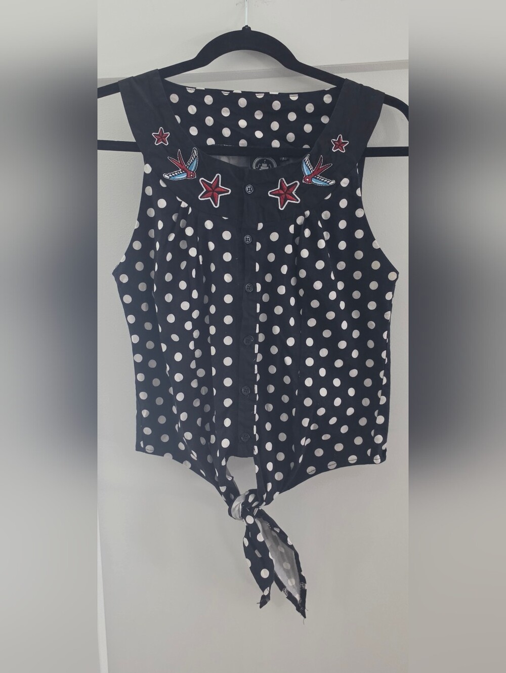 Too Fast Black & White Polka Dot Tie-Front Top with Stars And Sparrows
